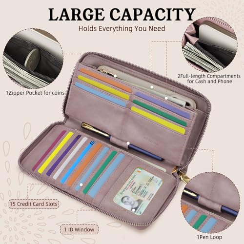 Image of APHISON Wallet Women Large Capacity Clutch Purse For Ladies Card Holder RFID Wristlet Phone Zipper Coin Travel Pocket, 05-purple