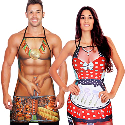 Neer 2 Delantales Divertidos de Cocina de Pareja Delantal Novedoso de Hombre Mujer Regalo de Broma de Delantal Navidad de Chef Musculoso Delantal Creativo Impermeable Ajustable (Estilo Cocina) Cover