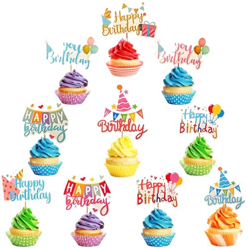 Pangogogo 50Pcs Happy Birthday Cupcake Toppers,Colorful Hot Air Balloon Hat Happy Birthday Cake Toppers?10 Styles Small Cake Toppers Dessert Topper for Girl Boy Child's Birthday Party