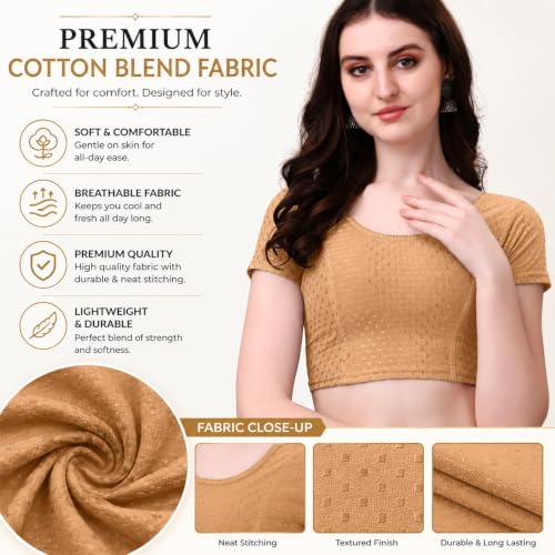 Image of Women's Stretch Cotton Saree Blouse | Readymade Blouse for Saree | Round Neck | Short Sleeves | Soft, Breathable & Comfortable