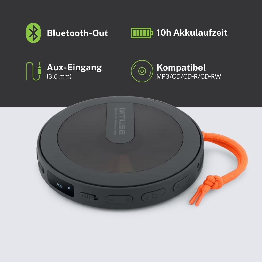 M-920 DMO Reproductor portátil de CD/MP3 con transmisor Bluetooth y protección contra Golpes, Pantalla OLED, USB-C y batería de 2000 mAh
