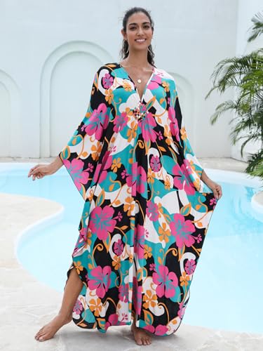 Image of IMAGEKOPE Women's Plus Size Animal Print V-Neck Batwing Kaftan Beach Dress Bathing Suit Cover-Up Loungewear