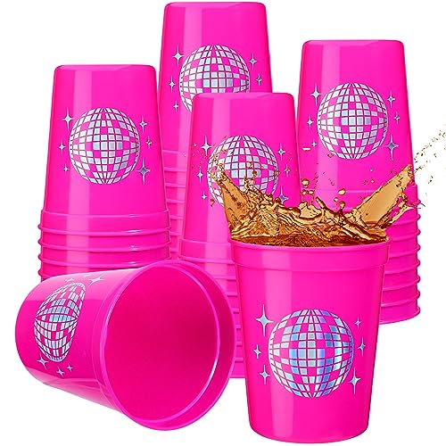 Uiifan 30 Pcs 16 oz Disco Party Cups Reusable Plastic Disco Ball Party Favor Cups for Bachelorette Cowgirl Birthday Wedding Bridal Shower 70s 80s 90s Supplies(Rose Pink)