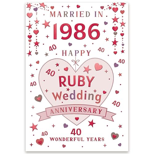 IC&G Ruby Wedding Anniversary Card - Married in 1986 - Love Hearts & Stars Design - Premium Embossed Foil Finish - Happy 40th Anniversary Greeting Card with Envelope