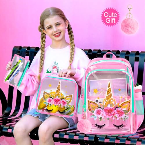 Image of WZLVO Kids Clear Backpack for Girls, 16 inch Heavy Duty PVC Transparent Bookbag with Frame Reflective Strip, Cute See Through School Bags for Elementary Preschool - Unicorn Pink