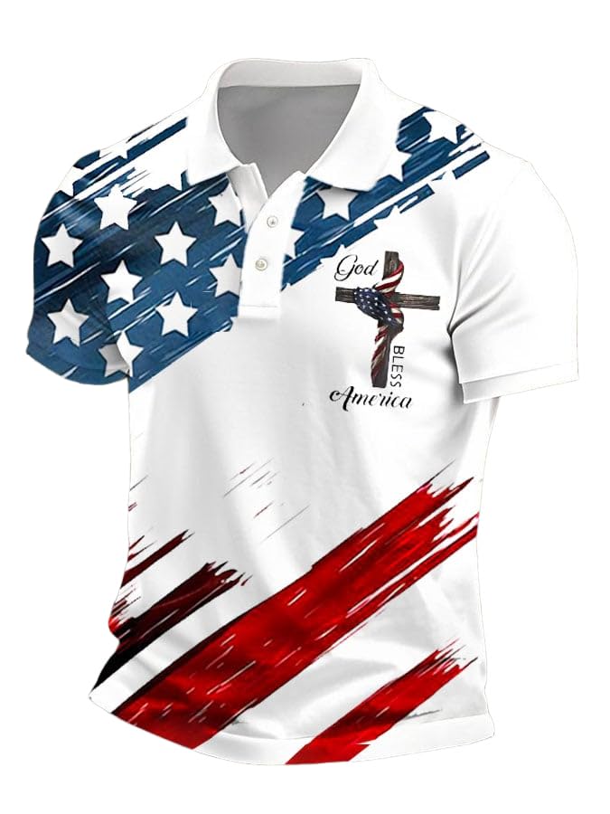 Men's Vintage Flag God Bless America Print Polo Shirt Christian Patriotic Top