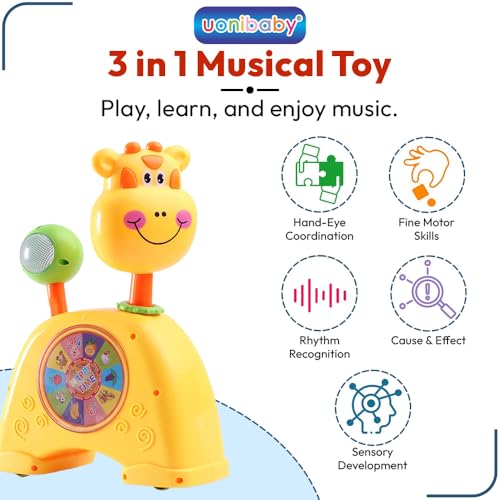 Image of Uonibaby by StarAndDaisy 3-in-1 Animal Shaped Baby Musical Toy , Piano Keys with Lights, 5 Animal Voices, 360 Rotating Head & Jackpot Wheel , Pull-Along Toy for Infants, Toddlers & Kids -Giraffe