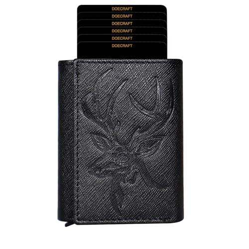 Image of Men's Genuine Leather RFID Wallet | Premium Slim Red Wallet for Men with Deer 3D Print | 8 Card Slots Secure and Durable | Casual Stylish | Formal & Gifting Use, Black (Safiano /Black)