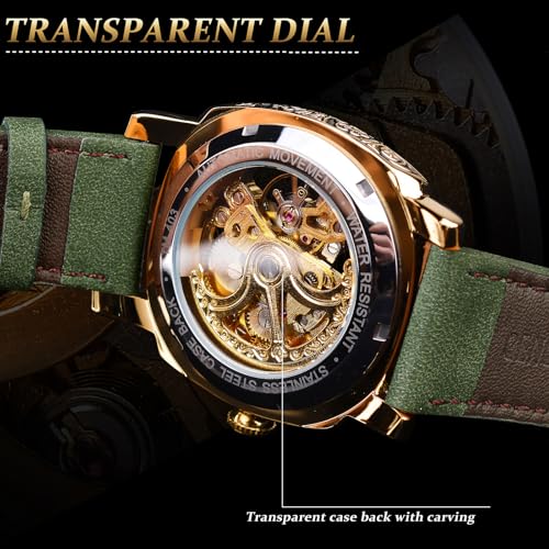 Image of FORSINING Fancy Watches for Men, Square Retro Mechanical Watch Self-Wind Carved, Gear Movement Golden Skeleton Automatic Watches Vintage Leather Strap Wrist Watch