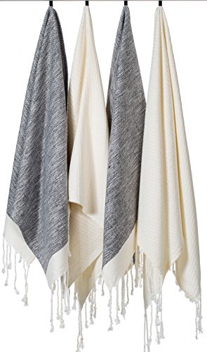 [SET OF 4] Unique Turkish Cotton Peshtemals & Towels - Size (20" x 31") Travel, Bath, Spa, Sauna, Beach, Gym, Pool, Beach, Yoga, Hand, Face - Super Soft Quick Dry and Highly Absorbent, 2 Black 2 White