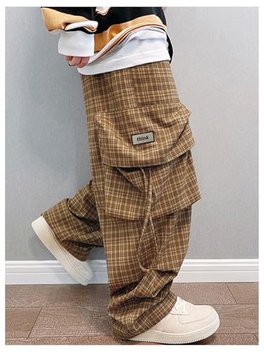 GORGLITTER Men's Gingham Baggy Cargo Pants Drawstring Waist Plaid Wide Leg Trousers Pants with Pockets2