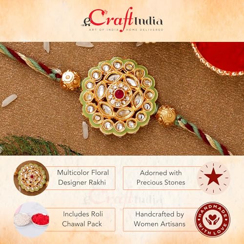 Image of eCraftIndia Green Yellow Red Beautiful Flower Kundan Designer Rakhi for Brother | Raksha Bandhan Rakhi for Bhai Bhaiya