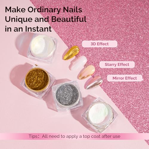 Image of MelodySusie 4Pcs Chrome Nail Powder for Gel Nails, Aurora Fine Glitter Powder Mirror Effect Pigment Pearlescent Mermaid Pigment Pearl Glitter for Home DIY Salon Use
