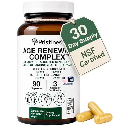 Age Renewal Complex - Senescent Cell Removal & Cellular Health Support - Fisetin Quercetin Curcumin Zinc -Senolytic & Autophagy Aid Supplement-NSF Certified 3rd Party Tested USA Made Glass Bottle