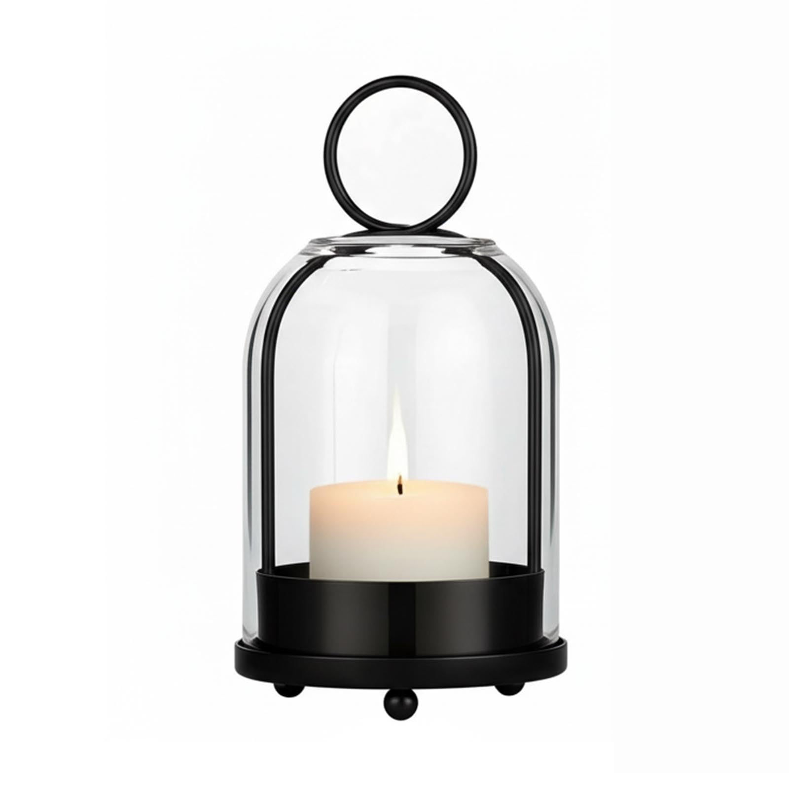 4 Inch Wide Glass Dome Hurricane Candle Holders, Metal Lanterns for Hanging or Tabletop Use, Vintage Rustic Farmhouse Home Decor for Pillar Candles, Indoor for Mantel, Shelf or Table (Black, Small)