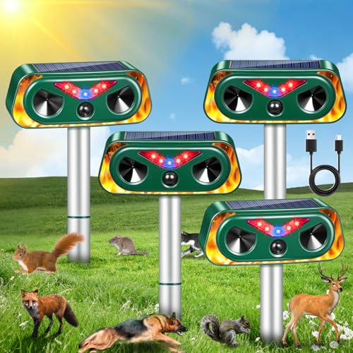 2026 Solar Ultrasonic Animal Repeller Outdoor with Flashing Lights & Motion Sensor Animal Deterrent Devices for Deer, Cat, Squirrel, Raccoon, Rabbit, Fox, Skunk Repellent for Yard Garden,4 Pack