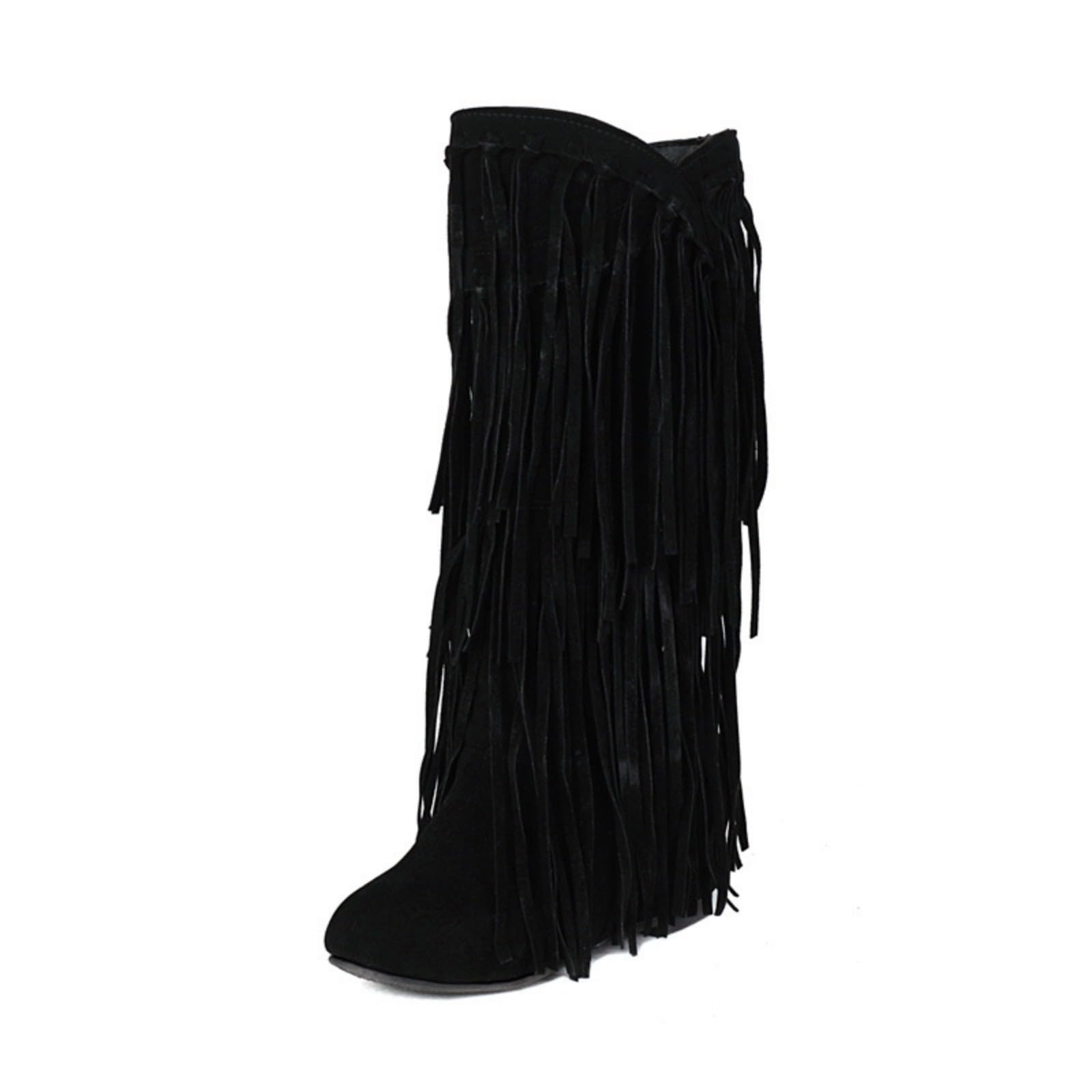 ZDLJYL Womens Fringe Western Boots Hidden Knee High Boots Round Toe Platform Tassel Moccasin Boots Low Heel Cowgirl
