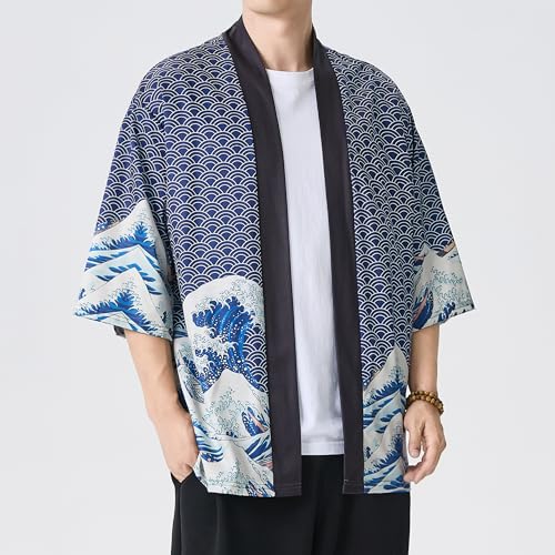 Image of Men's Japanese Kimono Robe Jacket Lightweight 3 /4 Sleeve Open Front Yukata | Silky Smooth Fashion Print Happi Coat Lightweight Breathable Loose Unisex Haori Casual Summer Cardigan Daily Beach Vacation