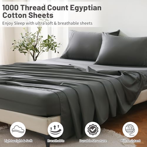 MEISHANG 1000 Thread Count Egyptian Cotton Sheets California King - 100% Egyptian Cotton Sheet Set, Sateen Weave, Soft & Breathable, 16" Deep Pockets - 4 Piece (Cal King, Grey)