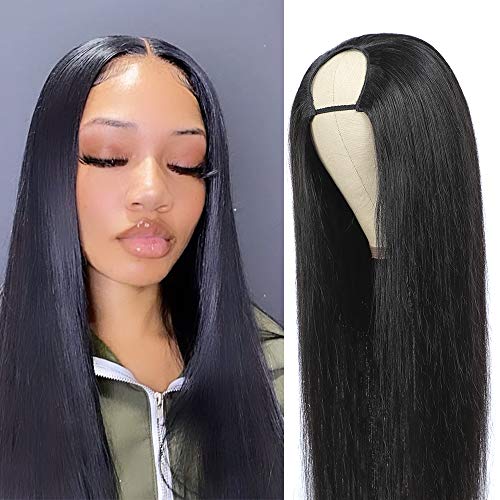 16 Inch U Part Wigs Human Hair Straight Brazilian Virgin Human Hair 2''x 4'' U Shape Glueless Wigs 150% Density Natural Black With Straps Combs Straight U Part Human Hair Wig For Black Women