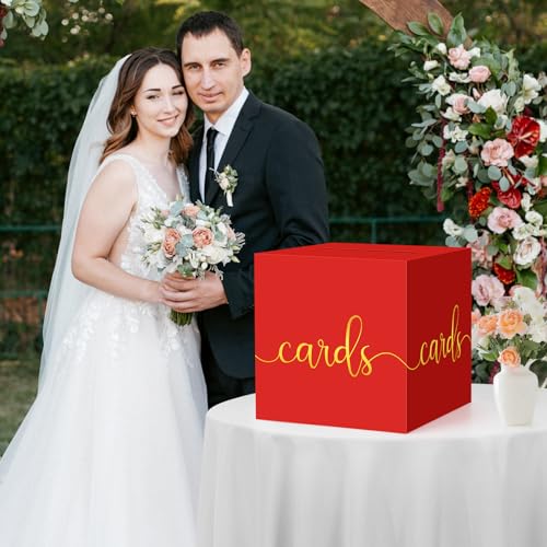 Image of Hooqict Red Gift Card Box with Slot 9.1 inch Gold Foil Card Box for Party, Graduation, Wedding Reception, Birthday, Christmas, New Year, Raffle Ticket Money Envelope Holder