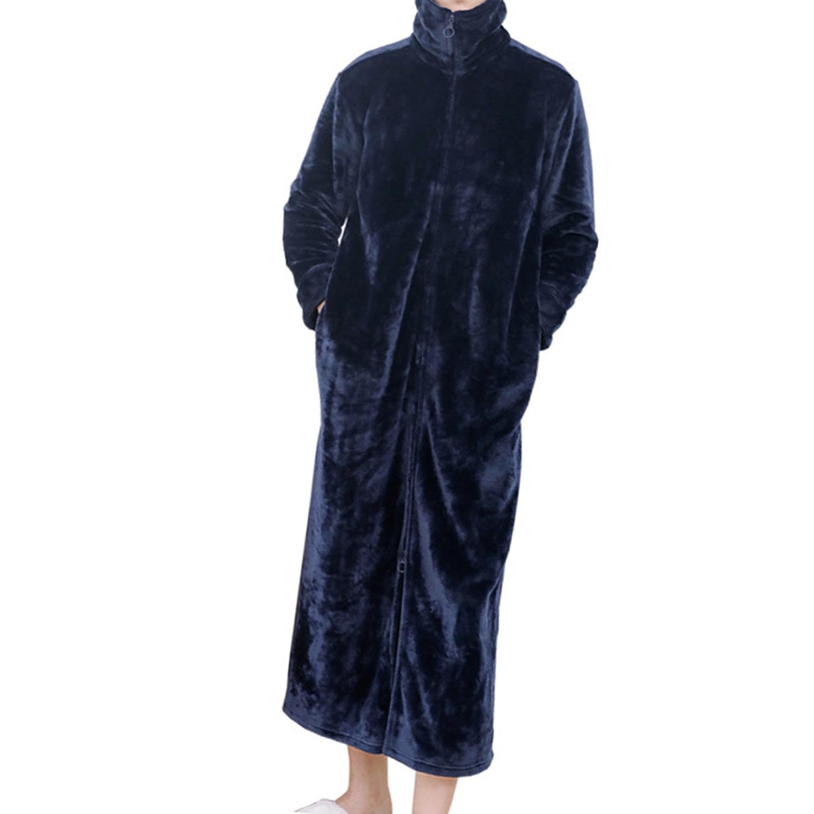 Wearable Blanket Sweatshirt Long Zipper Front Nightgown Thick Onesie Pajamas Men L Blue