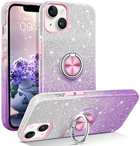 YINLAI iPhone 14 Plus Case Bling Glitter Sparkle iPhone 14 Plus Case for Girls Women with Ring Holder Kickstand Protective Phone Case for iPhone 14 Plus 6.7 Inch, Purple Gradient