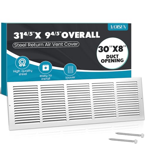 VOISEN Return Air Grille,Fits 30x8 Duct Opening,Steel Return Vent Cover, White Vent Cover Grill for Sidewall and Ceiling,HAVC Cold Air Return Vent Cover,Overall Size:31.8'W X 9.8'H