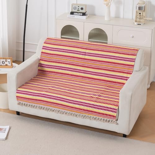 Image of HOKIPO 'Artisan Boho Series' 450 GSM Sofa Cover with Tassels | Multicolor Cotton Acrylic Jacquard Slipcover for 2 Seater Sofa, Size 152x120 cm, Ruby Red (IN-908-A6)