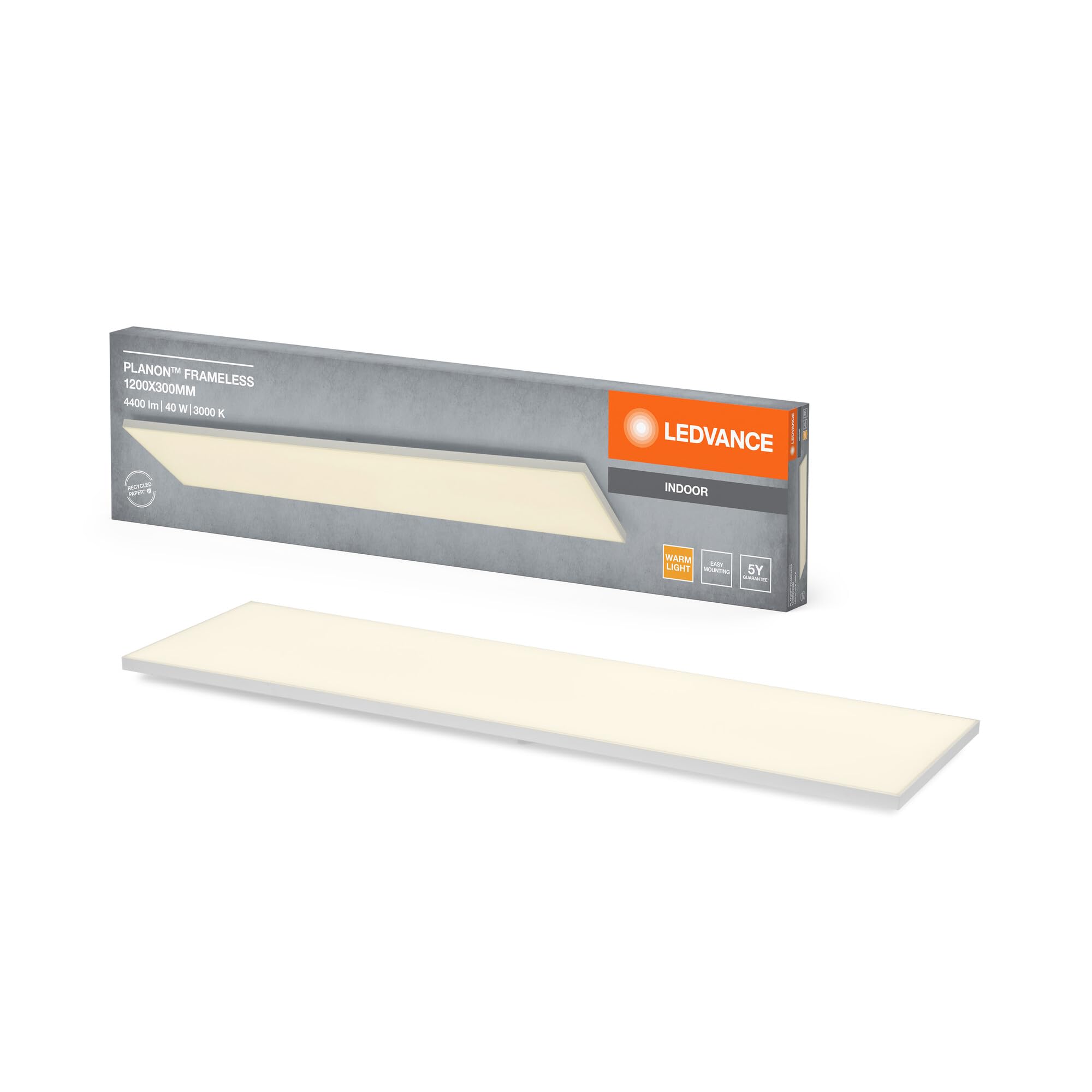 LEDVANCE Planon Frameless Deckenleuchte in Weiß mit fortschrittlicher LED-Technik, 40 W, rechteckige Form (1200 x 300 mm), warmweiße Lichtfarbe bei 3000 K, Aluminium-Gehäuse, mattierter PMMA-Diffuser