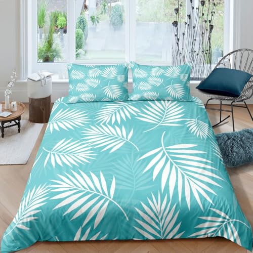 Syhi Qlty Cyan Duvet Cover - White Single Duvet Cover Set - Palm Leaf Tropical Bedding Set with Zipper Closure Anti-Allergic + 2 Pillowcases for Kids - Single 135x200cm V196