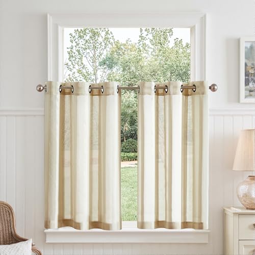 TOPICK Rideau Cuisine Voilage Fenetre Court à Rayures avec Oeillet Beige Intérieur Translucide 90 x 90 cm(L x H), Modernes Brise-Bise et Draperies pour...