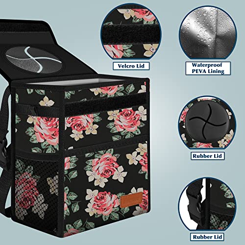 Image of Femuar Car Trash Can Leak Proof Car Trash Bag Waterproof Car Garbage Can with Lid for SUV Front Seat Multipurpose Car Hanging for Headrest Collapsible and Portable with Storage Mesh Pocket, Flower