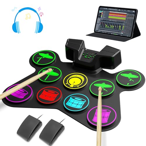 Electronic Drum Set, EKEMOND 9 Drum Practice Pad with Headphone Jack, Roll-up Drum Pad Machine with...