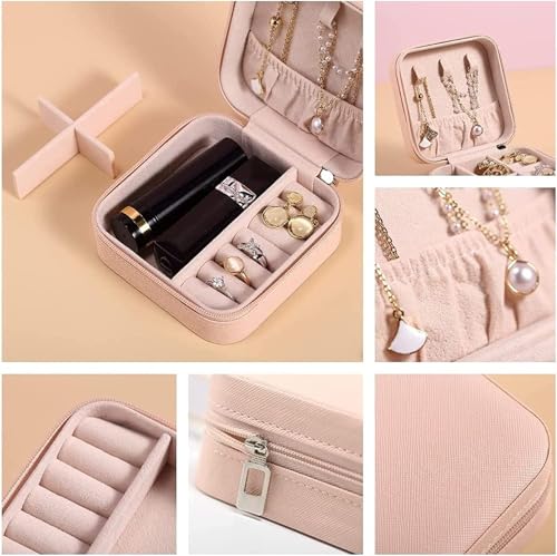 Image of Personalised Jewellery Box Organiser, Mini Travel Jewelry Storage Case, Portable Small PU Leather Box with Zipper, Pink Floral Design for Rings Earrings Necklaces Bracelets