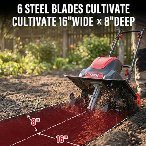 Image of MZK 16-Inch 13.5-Amp Corded Electric Tiller /Cultivator, 8-inch tillling Depth with Adjustable Wheels, Foldable Electric Rototiller for Lawn /Yard /Garden Soil Digging,TC16A08