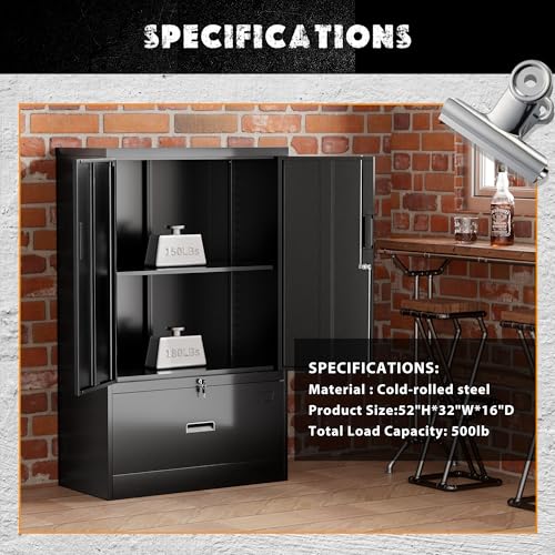 Image of INTERGREAT Metal Storage Cabinet with Drawer,52 inch H*32 inch W*16 inch D File Cabinets,Steel Locking Storage Cabinet with Doors and Shelves for Home,Office,Garage,School,Fit A4 /Letter /Legal File (Black)
