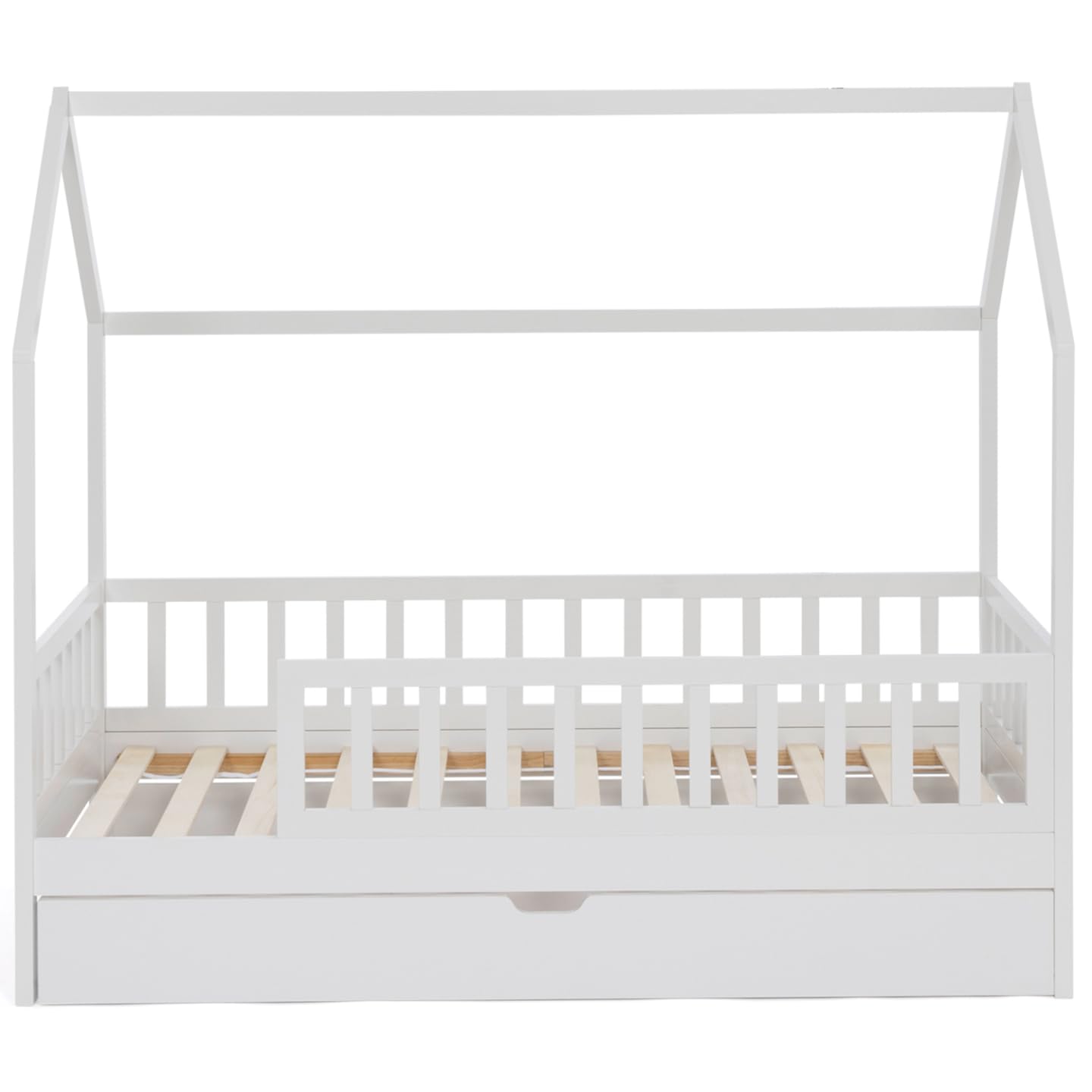 IDMarket – Cama cabaña infantil 80 x 160 cm, color blanco con 1 cajón nido y almacenamiento