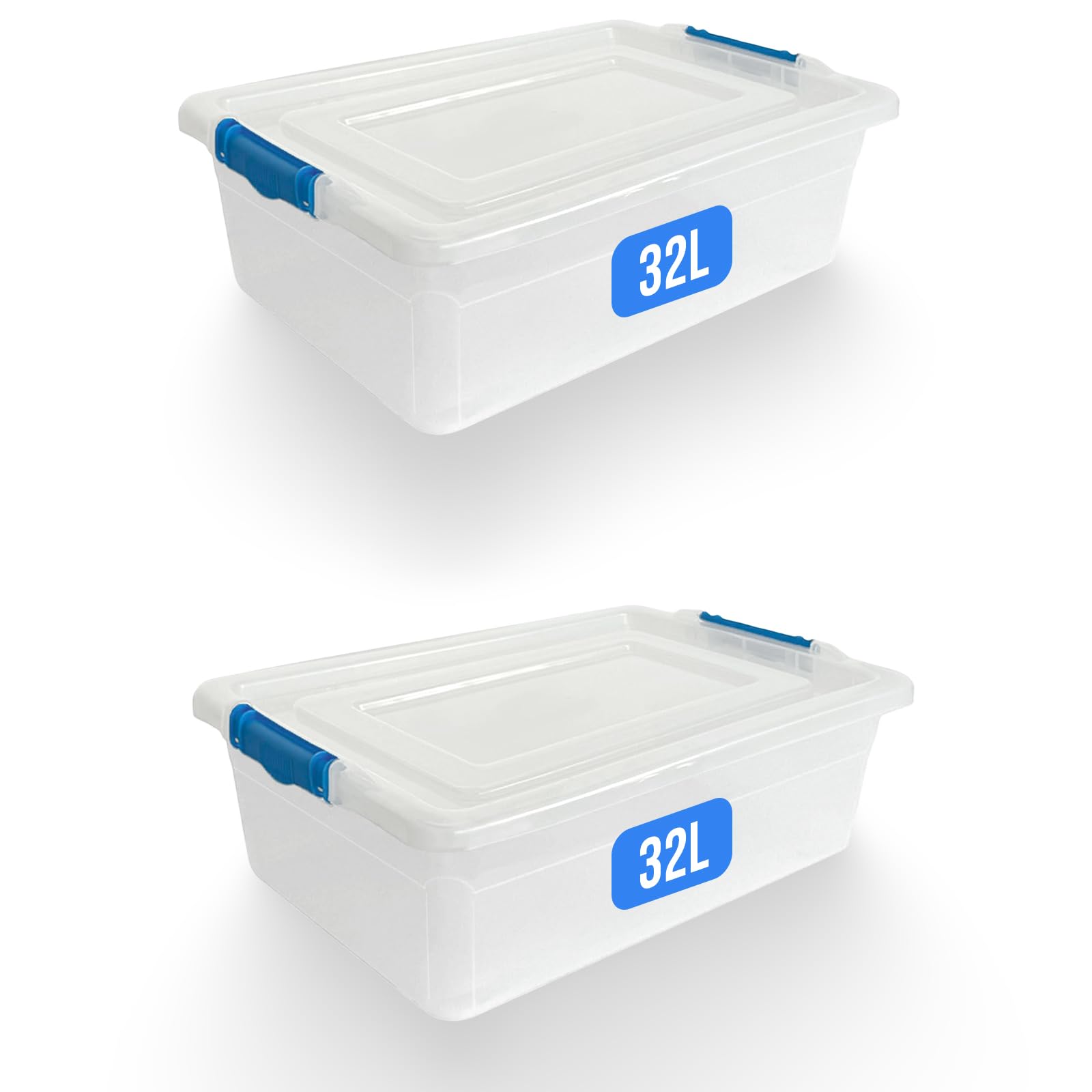 KAPCO Under Bed Storage – 2 x 32L Clear Plastic Storage Boxes with Clip Lock Lids | Stackable Organizer Bin BPA Free Storage Box for Home, Office, Kitchen, Garage, Bedroom & Closet Use | 32 Litre