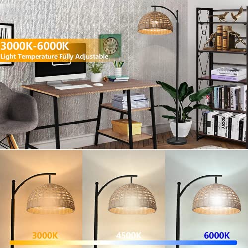 Danggeoi Bamboo Floor Lamp For Living Room, Basket Arched Floor Lamp With 3 Color Bulb,Tall Boho Standing Lamp With Rattan Shade, Footswitch,Black Industrial Wicker Lamp For Bedrooms,Office #TOP5