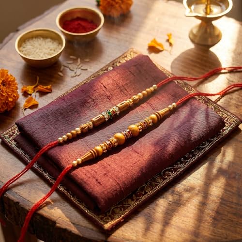 Image of Peora Rakhshabandhan Thread Rakhi for Brother Bhaiya | Kundan Beads & Crystal Studded | Combo Set of 2 | Rakhi Hamper Roli Chawal & Greeting Card
