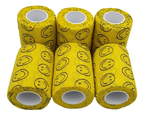 Venda Cohesiva Smiley Amarillo 6 rollos x 7,5 cm x 4,5 m autoadhesivas vendaje Flexible, calidad profesional, primeros auxilios, lesiones de los deportes, rodillos embalados individualment - Pack de 6