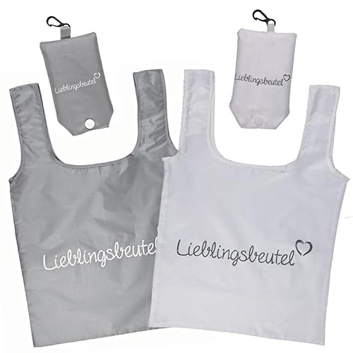 Murago - 2er Set x Lieblingsbeutel Tragetaschen im Beutel mit Kunststoff Karabiner - Grau Weiß Einkaufstaschen Einkaufstüten Shopper faltbar Strand wiederverwendbare Tüten, Tasche