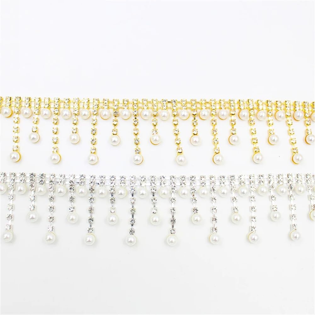 Generic 1/5Yards Pearl Tassel Crystal Metal Chain Decoration Welding Rhinestone Trim for Clothing Shoes Bag Gold 5 Yards