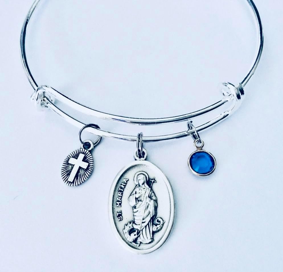 Saint Martha Bracelet – Handmade Silver Expandable Bangle with Catholic Medal, Cross Charm & Birthstone – Religious Jewelry Gift for Women, Confirmation or Baptism - Image 3