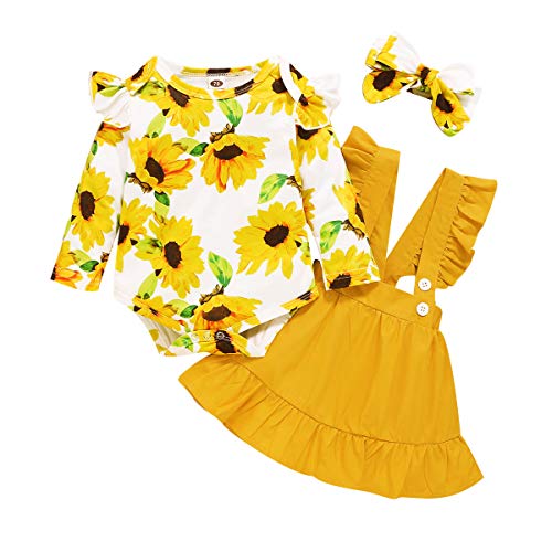 CARETOO Newborn Baby Girl Clothes Sets, 3 Pieces Outfits Infant Girl Long Sleeve Romper Jumpsuit T-Shirt Headband Floral 0-18 Months Yellow