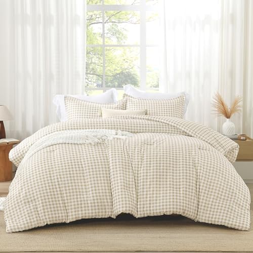 Image of Andency Beige Gingham Comforter Set Full(79x90Inch), Cream Checkered Grid Plaid Buffalo Bed Set for Girls Boys Kids Teens, 3 Pieces Lightweight Polyester Geometric Preppy Bedding