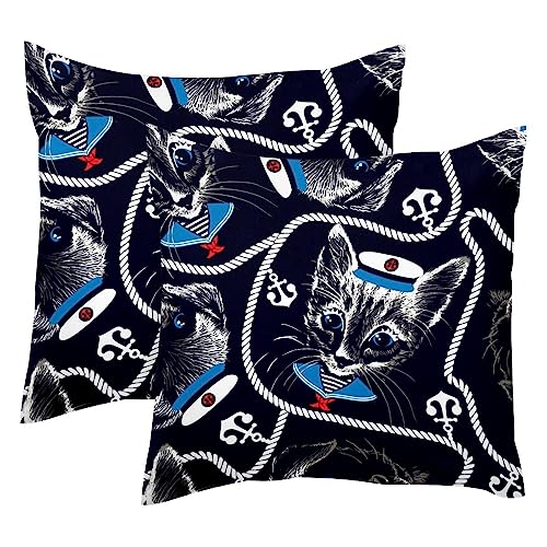 Housse de coussin en velours doux 50x50 imprimé chat marin chic - 2