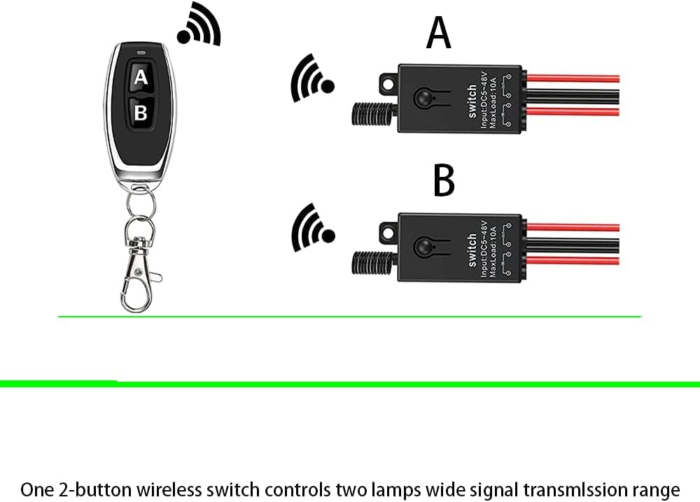 Interruptor inalámbrico de 12 V, mini interruptor inalámbrico de 2 canales con mando a distancia, DC12 V-48 V 10 A, interruptor de luz inalámbrico con alcance largo de 328 pies para puerta de