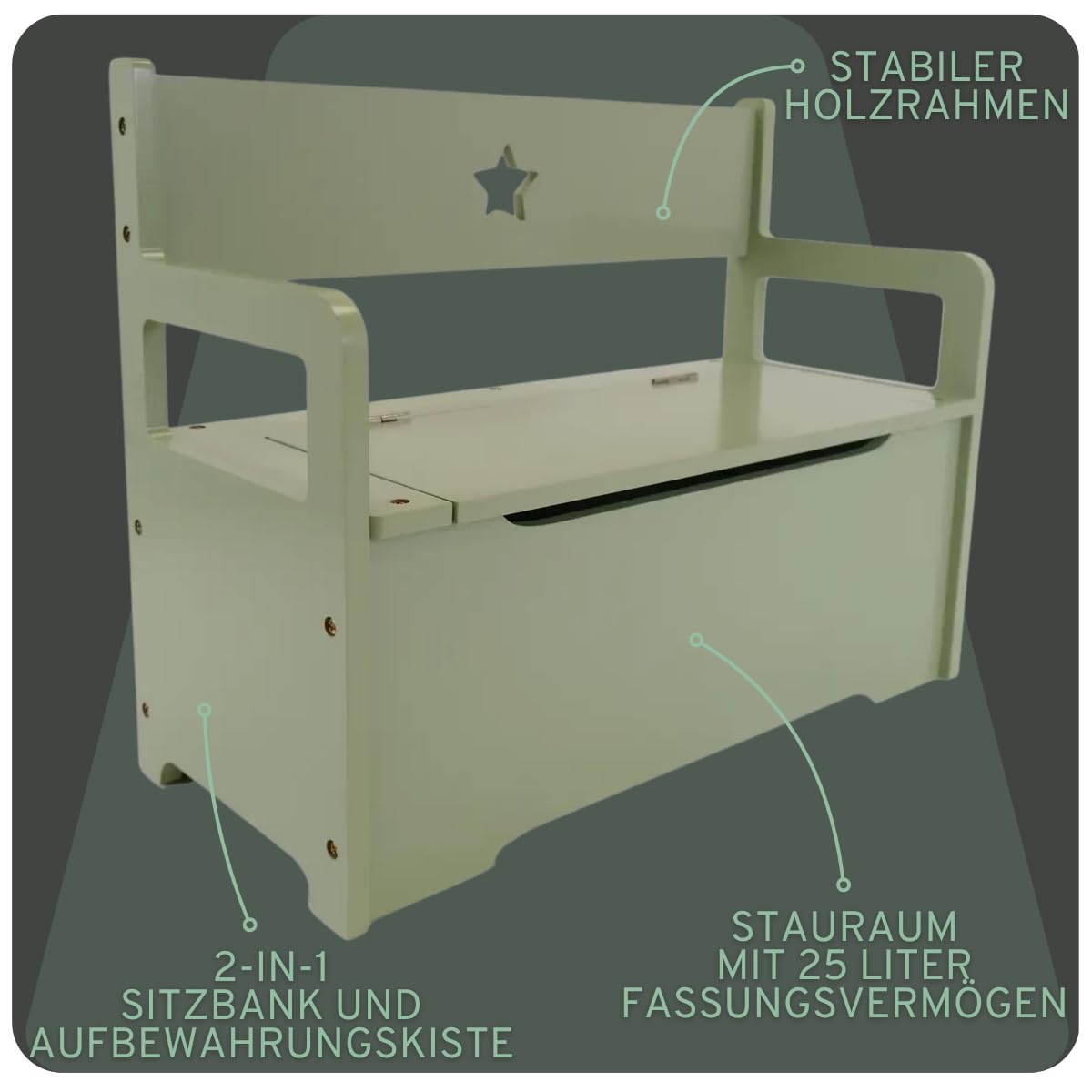 Bandits & Angels Holzspielzeugkiste mit Aufbewahrungsbank Retro Grün – 2-in-1-Aufbewahrungsbank – Sitzhöhe 24 cm – Maße 60 x 27 x 47 cm – für Jungen und Mädchen – Kinderzimmermöbel - Kindersitzbank